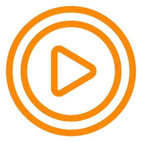 Rounded line icon, thick orange outline of a round play button icon with a triangle, transparent background PNG