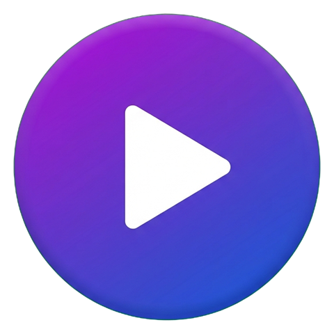 Gradient app-style icon, purple to blue gradient of a round play button icon with a triangle, transparent background PNG