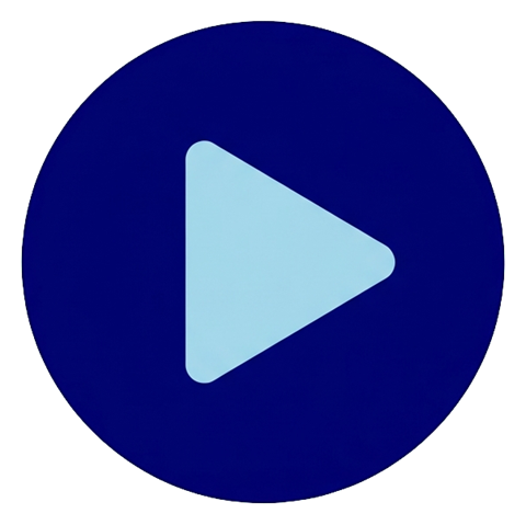 Duotone icon, navy blue and light blue of a round play button icon with a triangle, transparent background PNG
