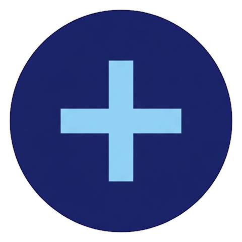 Duotone icon, navy blue and light blue of a round plus add icon, transparent background PNG