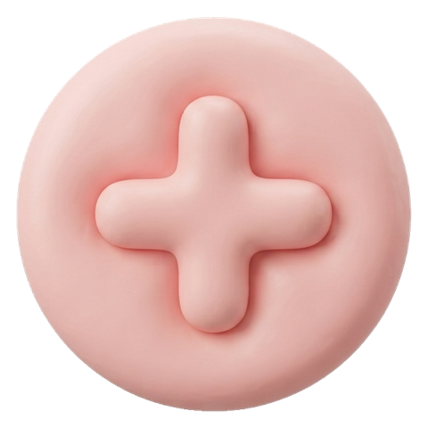 Soft 3D icon, pastel clay render of a round plus add icon, transparent background PNG