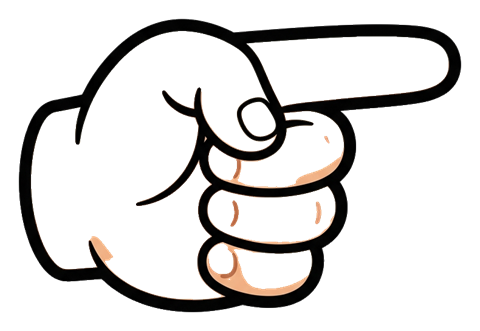 Cute sticker style with a thick dark outline of a cartoon hand with the index finger pointing, transparent background PNG