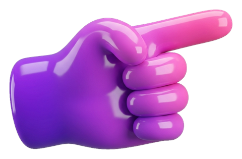 Glossy 3D render, purple and pink gradient of a cartoon hand with the index finger pointing, transparent background PNG
