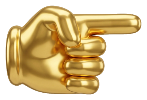 Shiny 3D render, gold metallic finish of a cartoon hand with the index finger pointing, transparent background PNG