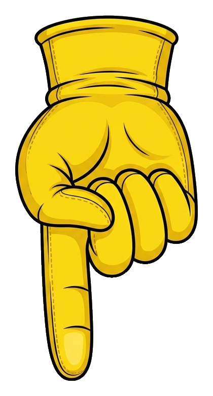 Yellow cartoon glove, pointing down of a cartoon hand with the index finger pointing, transparent background PNG