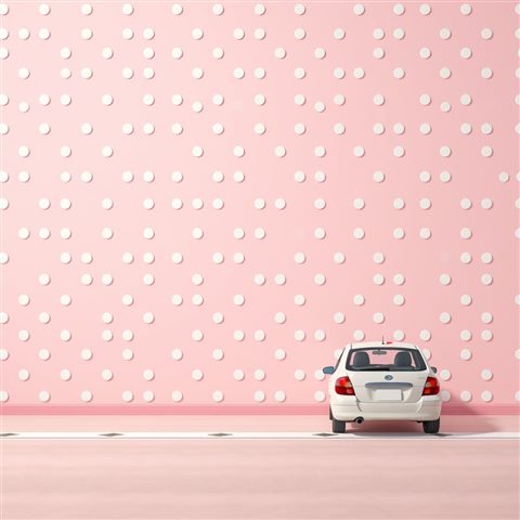 Soft 3D render of A seamless retro pattern of playful white polka dots evenly spaced on a pastel pink background., wide shot with open space at the top for text, misty morning haze, dreamy, 1:1 aspect ratio