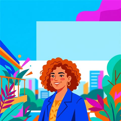 Minimal flat illustration of portrait of a fictional person with a natural expression, wide shot with open space at the top for text, vivid colors, high contrast, energetic, 1:1 aspect ratio