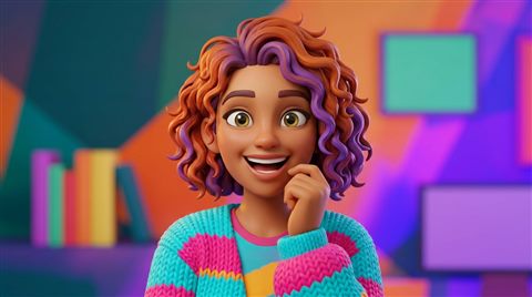 Soft 3d render of portrait of a fictional person with a natural expression, centered subject with a simple uncluttered composition, vivid colors, high contrast, energetic, 16:9 aspect ratio