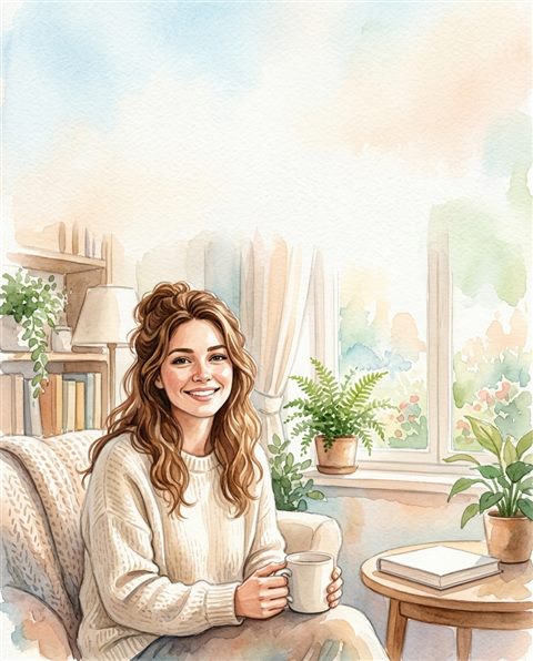 Watercolor illustration of portrait of a fictional person with a natural expression, wide shot with open space at the top for text, soft pastel colors, bright and cozy, 4:5 aspect ratio