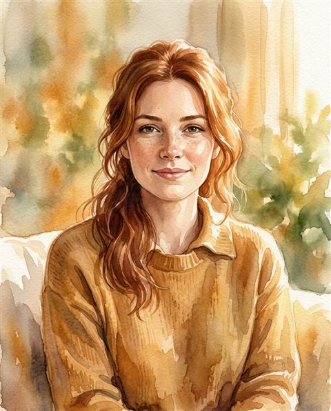Watercolor illustration of portrait of a fictional person with a natural expression, centered subject with a simple uncluttered composition, warm golden light, calm mood, 4:5 aspect ratio