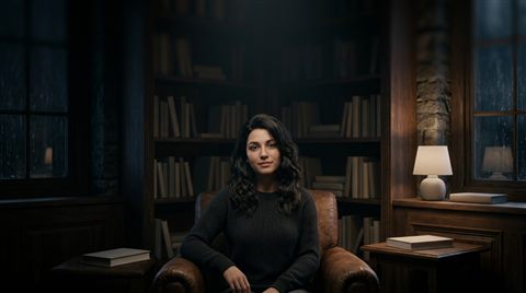 Soft 3d render of portrait of a fictional person with a natural expression, wide shot with open space at the top for text, moody dark tones, dramatic lighting, 16:9 aspect ratio