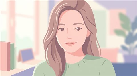 Minimal flat illustration of portrait of a fictional person with a natural expression, close-up detail with shallow depth of field, soft pastel colors, bright and cozy, 16:9 aspect ratio