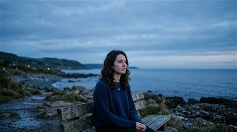 Photorealistic photo of portrait of a fictional person with a natural expression, wide shot with open space at the top for text, cool blue tones, quiet atmosphere, 16:9 aspect ratio