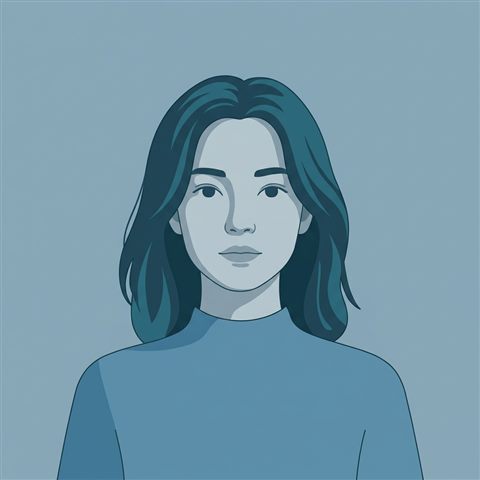 Minimal flat illustration of portrait of a fictional person with a natural expression, centered subject with a simple uncluttered composition, cool blue tones, quiet atmosphere, 1:1 aspect ratio