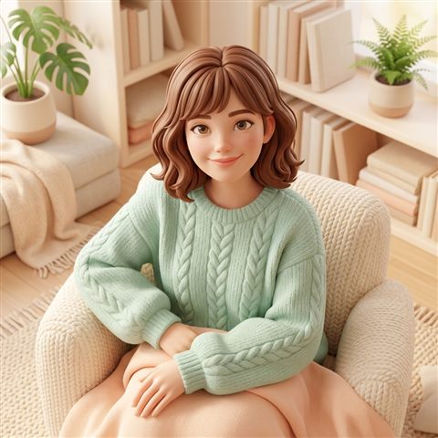 Soft 3d render of portrait of a fictional person with a natural expression, high-angle view from above, soft pastel colors, bright and cozy, 1:1 aspect ratio
