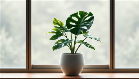 Soft 3D render of A minimalist ceramic pot containing a lush green monstera plant sitting on a wooden windowsill., wide shot with open space at the top for text, misty morning haze, dreamy, 16:9 aspect ratio