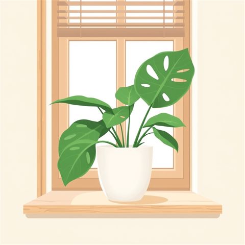 Minimal flat illustration of A minimalist ceramic pot containing a lush green monstera plant sitting on a wooden windowsill., centered subject with a simple uncluttered composition, soft pastel colors, bright and cozy, 1:1 aspect ratio