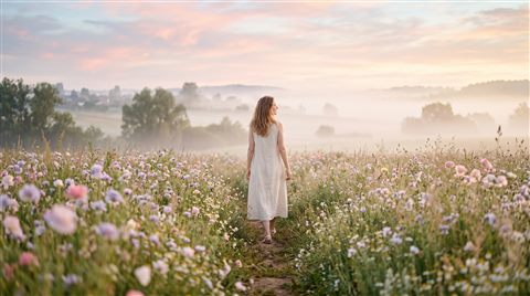 Cinematic film still of pretty soft-colored flower field under a pastel sky, centered subject with a simple uncluttered composition, misty morning haze, dreamy, 16:9 aspect ratio