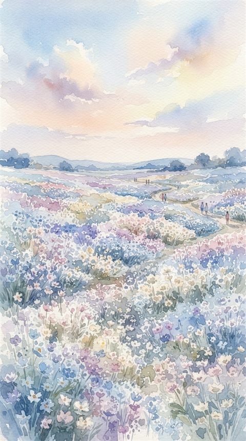 Watercolor illustration of pretty soft-colored flower field under a pastel sky, high-angle view from above, cool blue tones, quiet atmosphere, 9:16 aspect ratio
