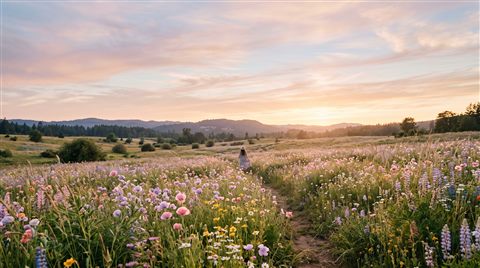 Cinematic film still of pretty soft-colored flower field under a pastel sky, wide shot with open space at the top for text, warm golden light, calm mood, 16:9 aspect ratio
