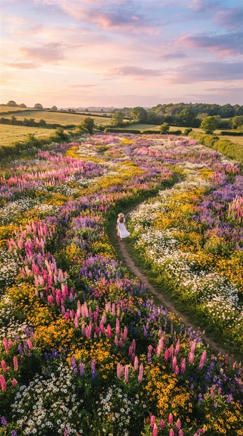 Cinematic film still of pretty soft-colored flower field under a pastel sky, high-angle view from above, vivid colors, high contrast, energetic, 9:16 aspect ratio