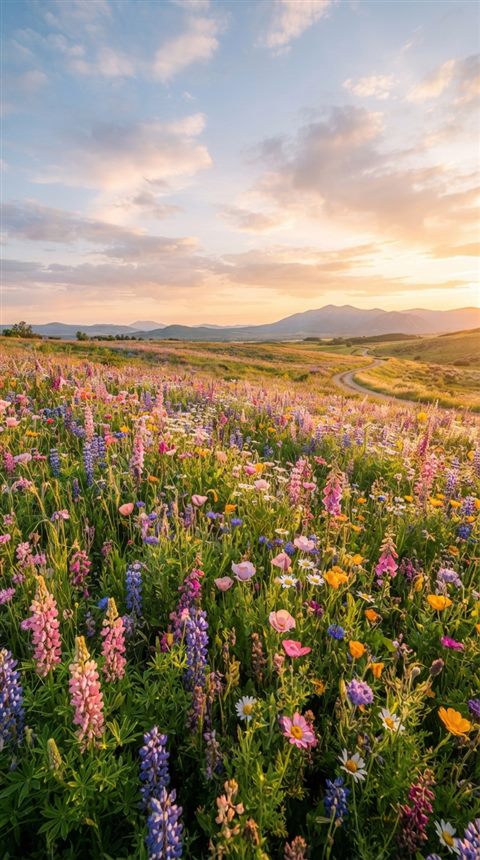 Photorealistic photo of pretty soft-colored flower field under a pastel sky, wide shot with open space at the top for text, vivid colors, high contrast, energetic, 9:16 aspect ratio