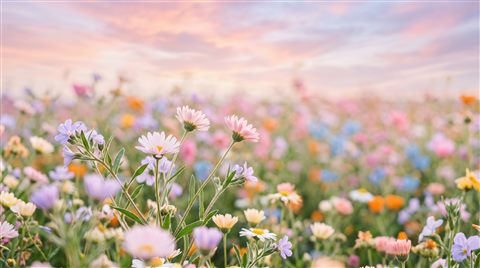Photorealistic photo of pretty soft-colored flower field under a pastel sky, close-up detail with shallow depth of field, soft pastel colors, bright and cozy, 16:9 aspect ratio