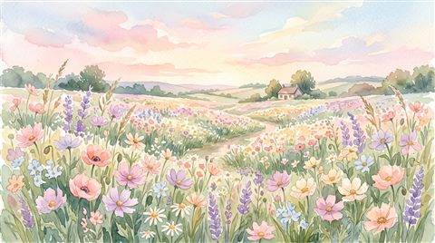 Watercolor illustration of pretty soft-colored flower field under a pastel sky, centered subject with a simple uncluttered composition, soft pastel colors, bright and cozy, 16:9 aspect ratio