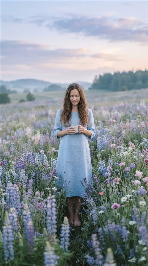 Photorealistic photo of pretty soft-colored flower field under a pastel sky, centered subject with a simple uncluttered composition, cool blue tones, quiet atmosphere, 9:16 aspect ratio