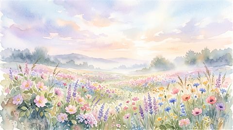 Watercolor illustration of pretty soft-colored flower field under a pastel sky, wide shot with open space at the top for text, misty morning haze, dreamy, 16:9 aspect ratio