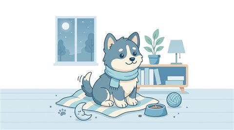 Flat vector illustration on a plain white background of a cute puppy, cheerful scene with gentle details, cool blue tones, quiet atmosphere, 16:9 aspect ratio