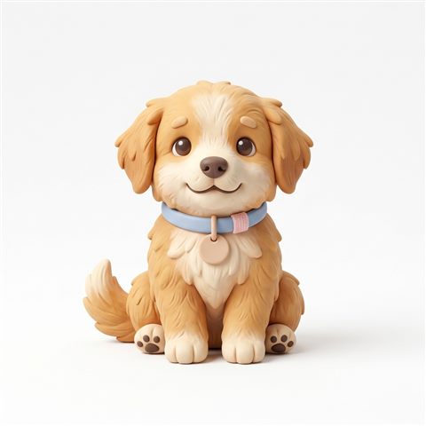 3d clay style illustration on a plain white background of a cute puppy, isolated single subject, centered, soft pastel colors, bright and cozy, 1:1 aspect ratio
