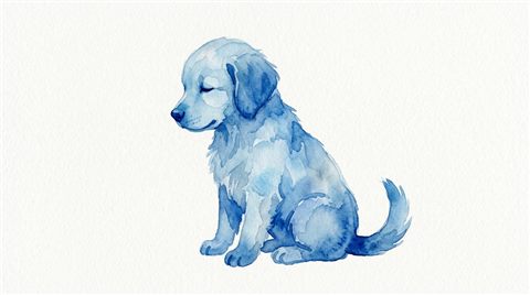 Watercolor illustration on a plain white background of a cute puppy, simple icon-like composition, cool blue tones, quiet atmosphere, 16:9 aspect ratio