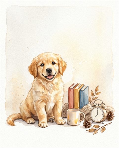 Watercolor illustration on a plain white background of a cute puppy, small set of several items arranged neatly, warm golden light, calm mood, 4:5 aspect ratio