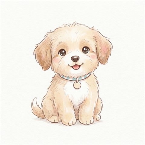 Cute hand-drawn illustration on a plain white background of a cute puppy, simple icon-like composition, soft pastel colors, bright and cozy, 1:1 aspect ratio