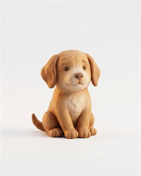 3d clay style illustration on a plain white background of a cute puppy, simple icon-like composition, warm golden light, calm mood, 4:5 aspect ratio