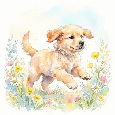 Watercolor illustration on a plain white background of a cute puppy, cheerful scene with gentle details, soft pastel colors, bright and cozy, 1:1 aspect ratio