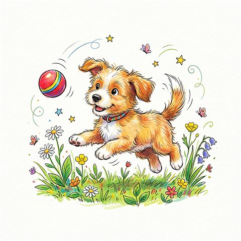 Cute hand-drawn illustration on a plain white background of a cute puppy, cheerful scene with gentle details, vivid colors, high contrast, energetic, 1:1 aspect ratio