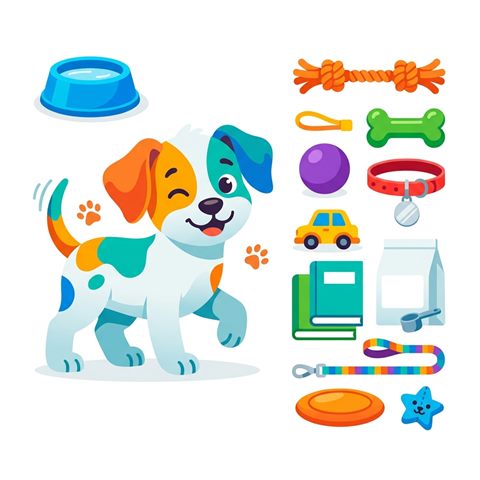 Flat vector illustration on a plain white background of a cute puppy, small set of several items arranged neatly, vivid colors, high contrast, energetic, 1:1 aspect ratio
