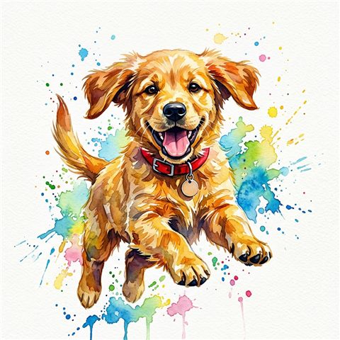 Watercolor illustration on a plain white background of a cute puppy, isolated single subject, centered, vivid colors, high contrast, energetic, 1:1 aspect ratio