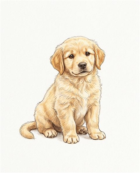 Cute hand-drawn illustration on a plain white background of a cute puppy, isolated single subject, centered, warm golden light, calm mood, 4:5 aspect ratio