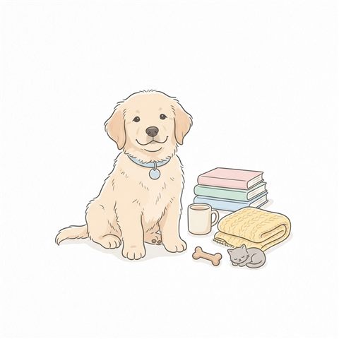 Simple line art with soft colors on a plain white background of a cute puppy, small set of several items arranged neatly, soft pastel colors, bright and cozy, 1:1 aspect ratio