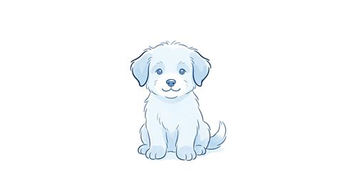 Simple line art with soft colors on a plain white background of a cute puppy, isolated single subject, centered, cool blue tones, quiet atmosphere, 16:9 aspect ratio