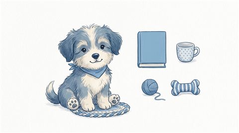 Cute hand-drawn illustration on a plain white background of a cute puppy, small set of several items arranged neatly, cool blue tones, quiet atmosphere, 16:9 aspect ratio