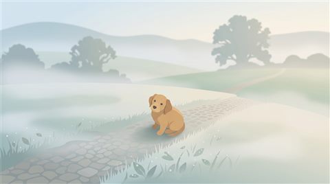 Minimal flat illustration of puppy, high-angle view from above, misty morning haze, dreamy, 16:9 aspect ratio