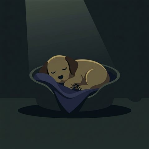Minimal flat illustration of puppy, centered subject with a simple uncluttered composition, moody dark tones, dramatic lighting, 1:1 aspect ratio