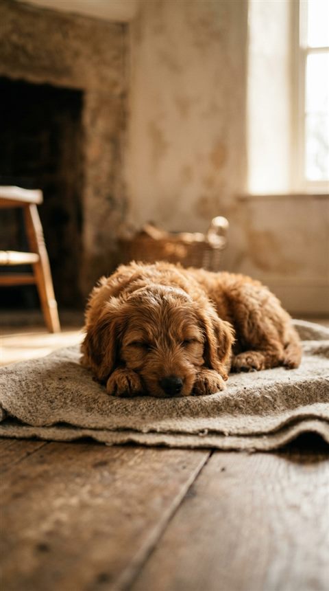 Cinematic film still of puppy, centered subject with a simple uncluttered composition, warm golden light, calm mood, 9:16 aspect ratio