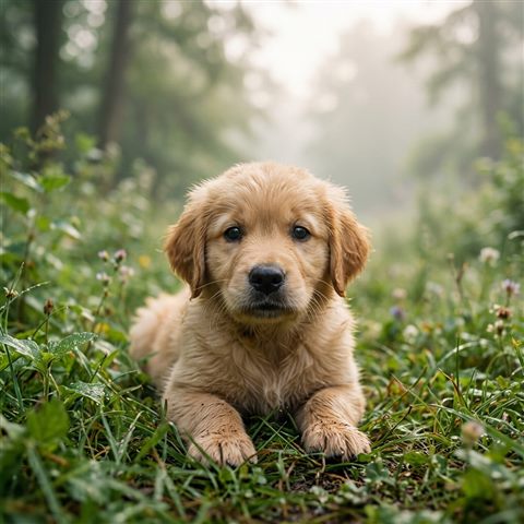 Photorealistic photo of puppy, close-up detail with shallow depth of field, misty morning haze, dreamy, 1:1 aspect ratio