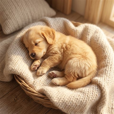 Soft 3d render of puppy, high-angle view from above, warm golden light, calm mood, 1:1 aspect ratio