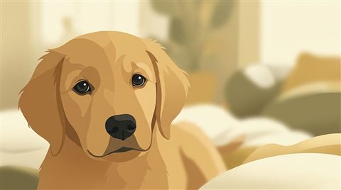 Minimal flat illustration of puppy, close-up detail with shallow depth of field, warm golden light, calm mood, 16:9 aspect ratio